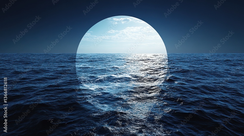 Poster ocean view through a circular frame, showing a calm sea under a partly cloudy sky.