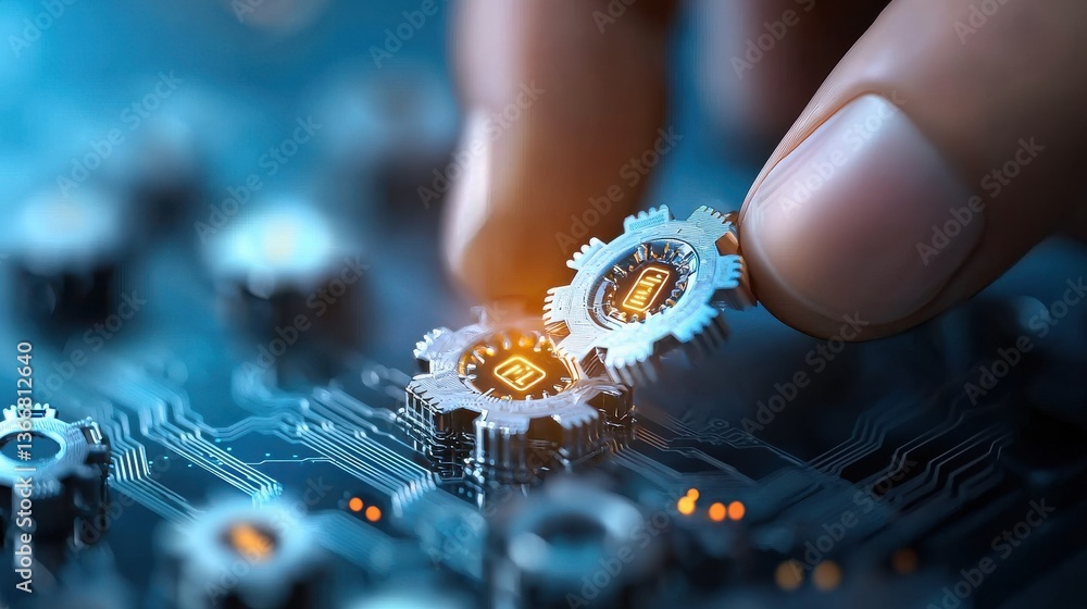 Poster innovative futuristic mechanical gears and circuit technology background closeup view of precision e