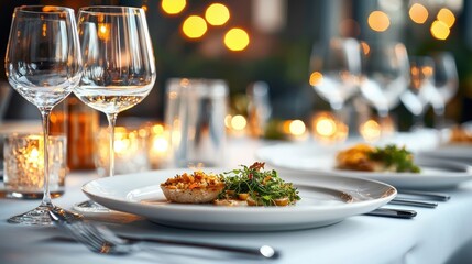 Exquisite Gourmet Meal Served on Elegant Tableware in an Upscale Restaurant Setting with Festive Ambiance and Luxurious Decor Capturing the Essence of a Fine Dining Experience