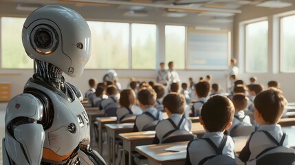 Fototapeta premium Engaging students with a robotic teacher in a bright classroom