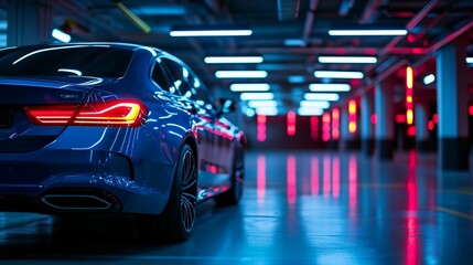 Obraz premium Blue Car in Neon Garage