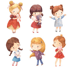 Watercolor cute girl with unicorn, cat, bunny, heart illustration for kids