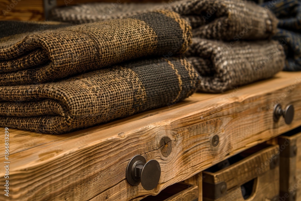 Aufkleber a close-up view of neatly folded fabric rolls on a wooden shelf, showcasing textures and patterns in