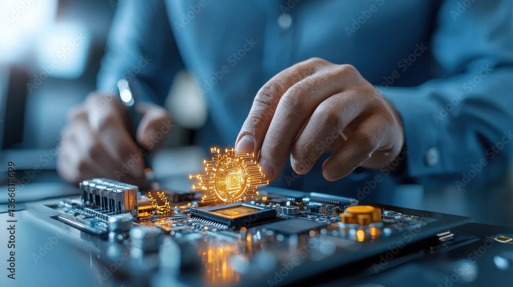 Poster detailed close up view of a complex electronic circuit board with various microchips integrated circ
