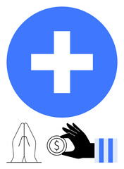 Blue cross in a circle, folded hands, hand offering a coin, and striped rectangles. Ideal for health, charity, faith, donation spirituality healing minimalism. Flat simple metaphor