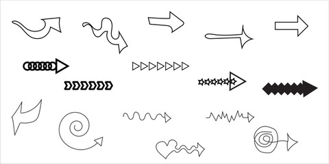 Vector arrow icon set with different styles, including curved, straight, dotted, and 3D arrows. Perfect for navigation, infographics, web design, and business presentations.