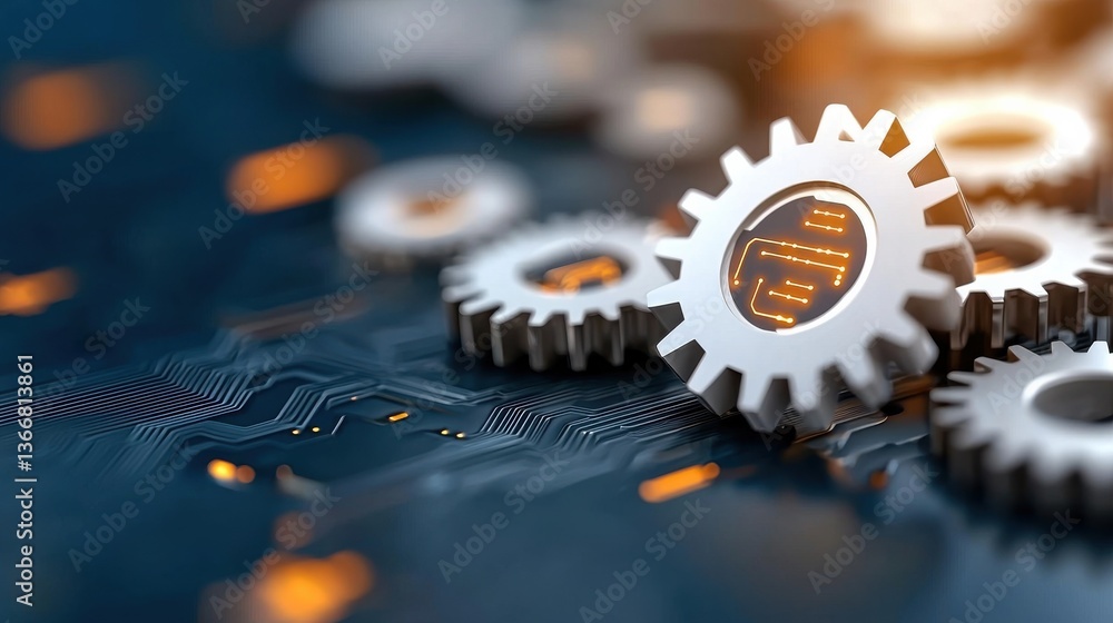 Poster close up shot of a complex arrangement of interlocking metal gears cogs and mechanical parts in a hi