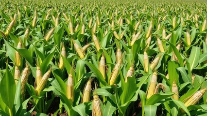 A large patch of green hybrid corn in full growth, patch, farm