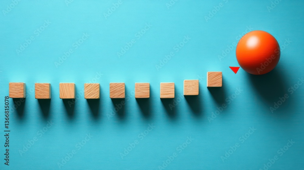 Aufkleber orange sphere and wooden blocks arranged in a row on a blue background, representing growth or progr