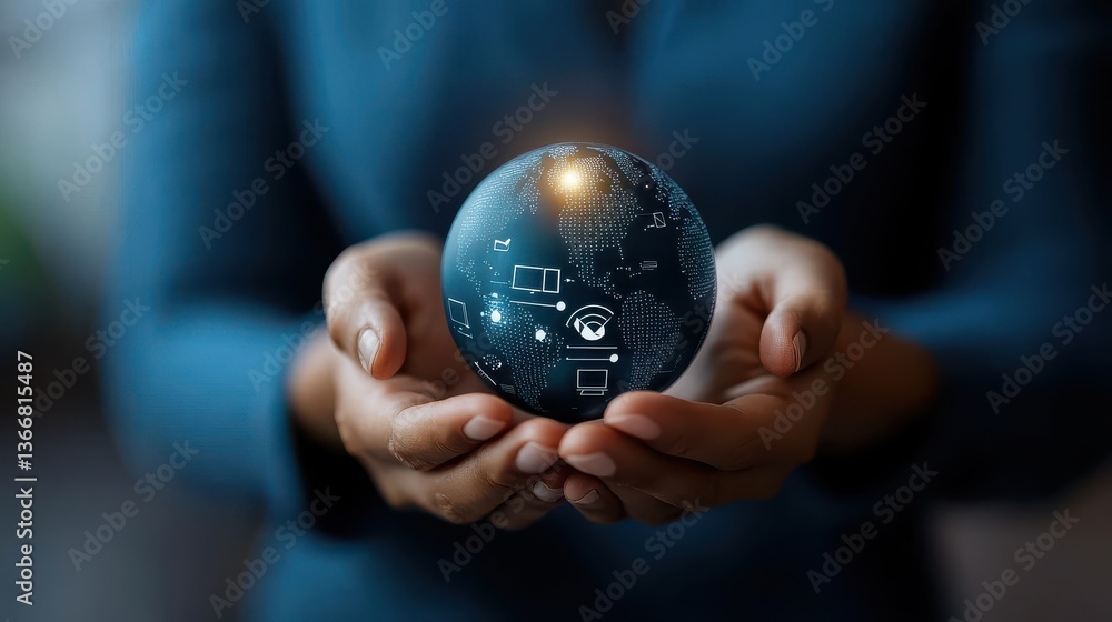 Poster futuristic digital globe held in human hands representing innovation technological progress global c
