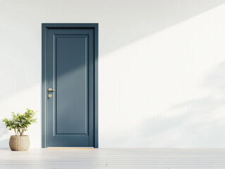 Modern Blue Door and Potted Plant in Minimalist Sunlit Space