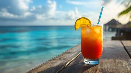Tropical cocktail on a wooden table beachside drink scenic relaxing vibes