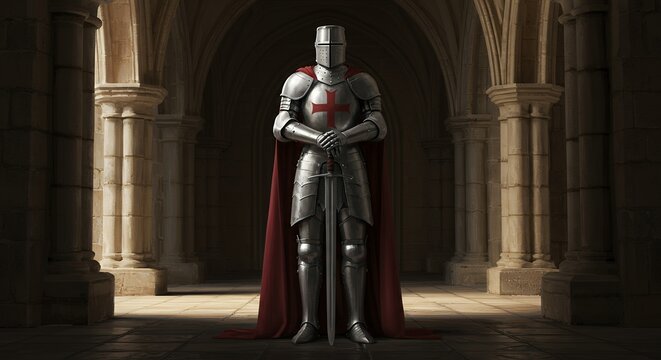 Medieval Knight Standing Guard in Stone Hallway with Red Cross