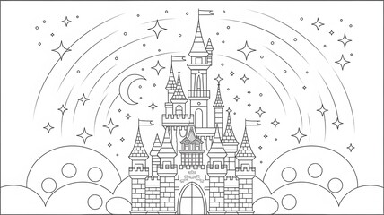 Naklejka premium Colorful fantasy castle surrounded by stars, clouds, and a crescent moon in a whimsical landscape