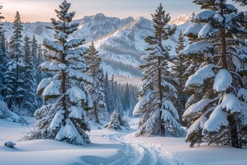 Obraz premium Stunning Winter Landscape Featuring Snowy Pine Trees and Icy Branches