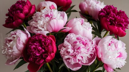 Obraz premium Colorful bouquet of peonies showcasing vibrant summer blooms arranged artistically indoors