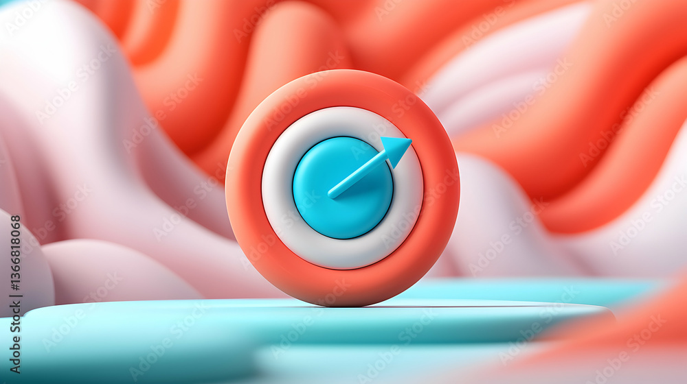 Poster abstract 3d render of target with arrow on coral and white background