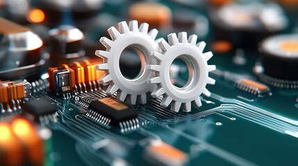 Close up view of intricate mechanical gears cogs and electronic circuits on a motherboard showcasing the complexity and innovation behind advanced technology and industrial automation