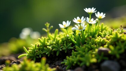 Delicate white flowers on mossy saxifrage roots, alpine plants, saxifraga andrensii, white flowers