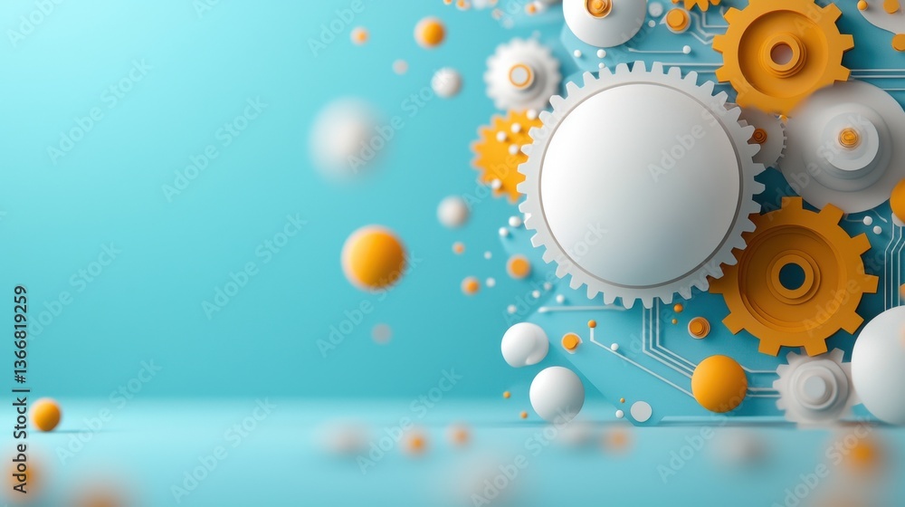 Poster colorful mechanical gears and spheres forming conceptual abstract composition 3d render of modern me