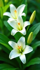 Fototapeta premium Delicate white lily blooms on lush green foliage, leaf, white