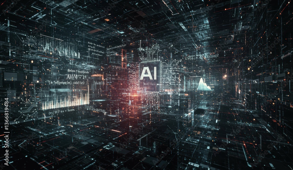 Poster futuristic digital landscape showcasing artificial intelligence and coding in a networked environmen