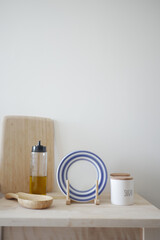 Kitchen countertop arrangement with utensils and ingredients displayed