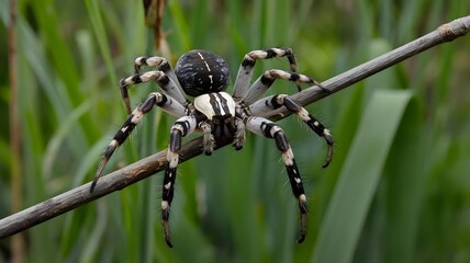 Unique black and white spider perched on a branch in a lush green environment during the daytime