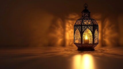 A Decorative Lantern Illuminated by a Lit Candle in Dim Lighting