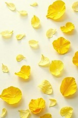 Naklejka premium Delicate yellow flower petals scattered on a white background, yellow, gentle, petals