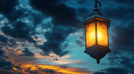 Illuminated lantern hangs beneath a dramatic and cloudy twilight sky