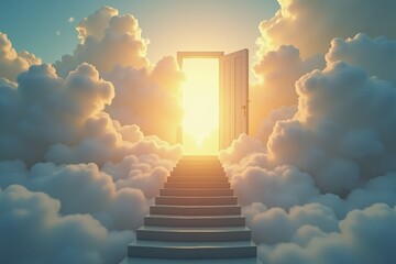 Surreal heavenly staircase leading through glowing clouds to an open doorway radiating golden light, symbolizing a divine portal to another realm, spiritual and dreamlike scene