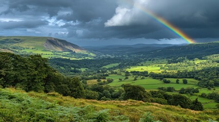 Panoramic view of a verdant valley with a vibrant rainbow arching over dramatic, dark storm clouds.