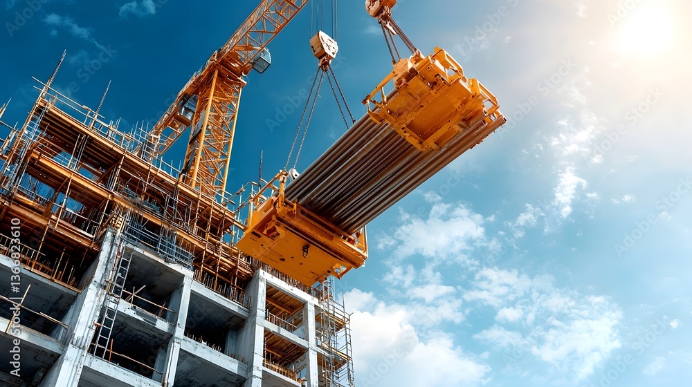 Poster a view of an active construction site with multiple cranes and scaffolding structures in place surro
