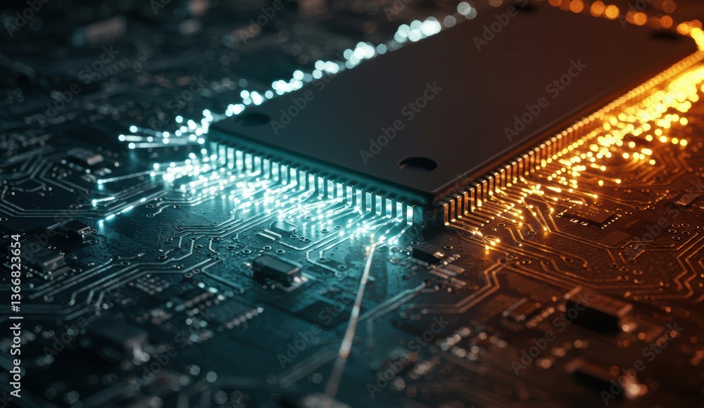Poster close-up of circuit board with illuminated computer chip and flowing light, showcasing technology an