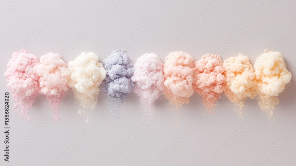 Poster pastel color clouds of ink in a row on a gray background.