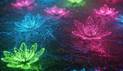 Fototapeta premium Glowing neon flowers in circuit board pattern, showcasing futuristic technology and environmental themes.