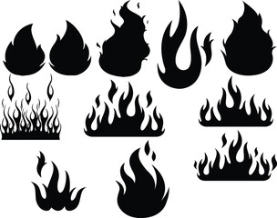 Fire Flame Silhouettes Set – Vector Clipart Illustration of Burning Flames, Blazing Fire Shapes, Hot Fiery Elements for Logos, Tattoos, and Graphic Design