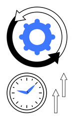 Gear encircled by two arrows symbolizing process optimization, paired with a clock and upward arrows. Ideal for workflow, productivity, efficiency, scheduling, planning, time management, progress