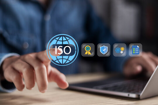 Certified company certificate, Quality certificate, assurance, compliance, global standards, and International organization. Businessman working on laptop with business ISO mark certification