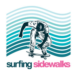 Silhouette of a skateboarder performing a trick in a composition with wavy stripes in the background.