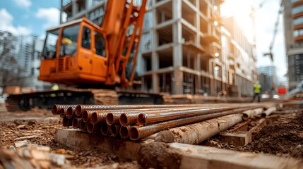 Fototapeta premium Orange excavator and various construction materials including metal pipes on a dirt and gravel construction site in a city setting