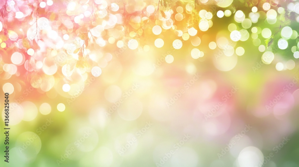 Poster pastel spring bokeh background with blurred foliage and sunlight.