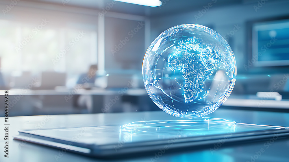 Poster global digital network visualization in modern office setting 3d holographic representation of afric