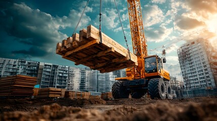 A large construction crane lifting a heavy load of building materials at a busy urban development site with a dramatic cloudy sky and cityscape backdrop