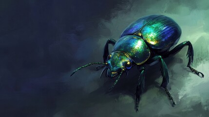 Fototapeta premium A vibrant scarab beetle with iridescent blue and green hues crawling on a smooth surface, with copy space.