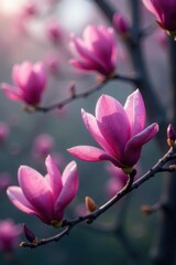 Magnolia tree branches heavy with bright purple buds, blossoms,