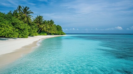 Fototapeta premium Picturesque beach with white sand, turquoise waters and palm trees gently swaying in breeze, capturing serene beauty of tropical islands for vacation.