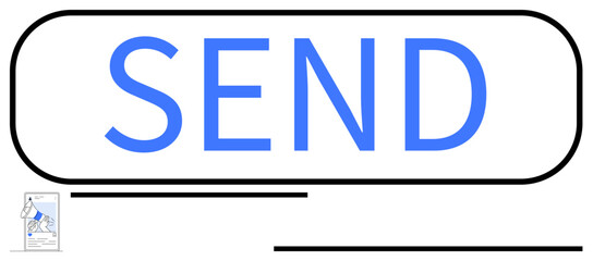 Blue Send text in bold font inside a rectangular button with black border. Small envelope graphic as additional element. Ideal for communication, email, technology, messaging, interaction, web, UI