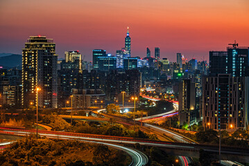Beautiful architecture building cityscape with expressway in New Taipei City 